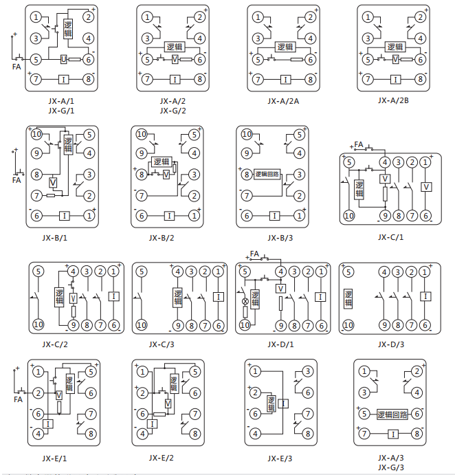 JX-B/2靜態(tài)信號繼電器內(nèi)部接線及外引接線圖（正視圖）