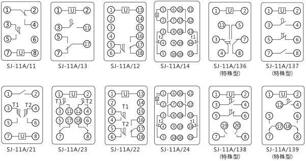 SJ-11A/14集成電路時間繼電器內(nèi)部接線圖及外引接線圖片