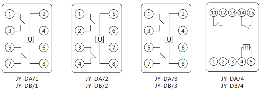 JY-DA/2集成電路直流電壓繼電器內(nèi)部接線圖及外引接線圖（正視圖）