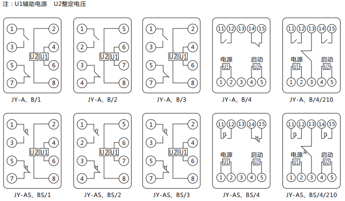 JY-AS/3集成電路電壓繼電器內(nèi)部接線及外引接線圖