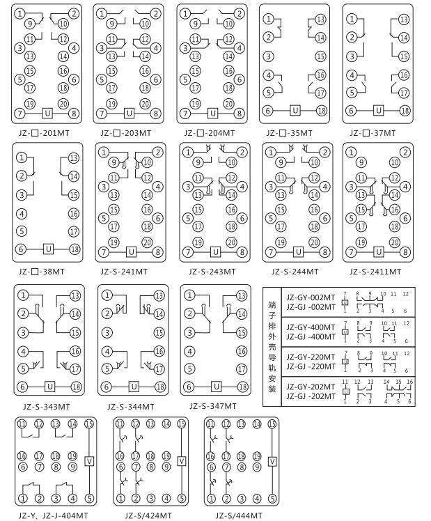 JZ-S-444MT跳位、合位、電源監(jiān)視中間繼電器內(nèi)部接線圖