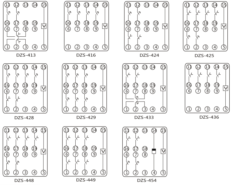 DZS-425中間繼電器內(nèi)部端子外引接線圖(正視)