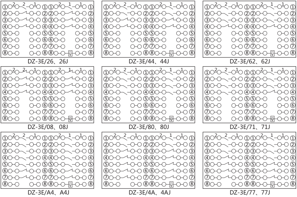DZ-3E/08(J)中間繼電器內(nèi)部接線圖及外引接線圖
