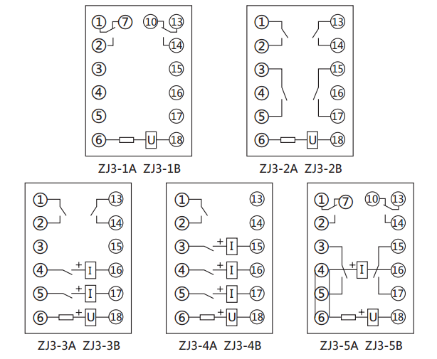 ZJ3-5A快速中間繼電器內(nèi)部接線(xiàn)圖及外引接線(xiàn)圖(正視圖)