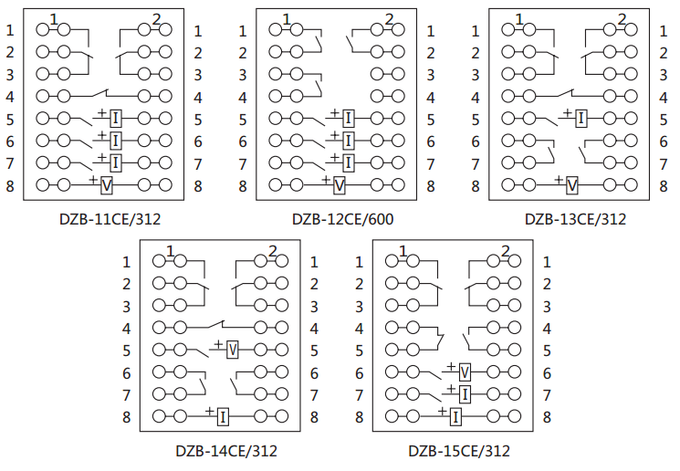 DZE-15CE/312保持中間繼電器內(nèi)部接線圖及外引接線圖