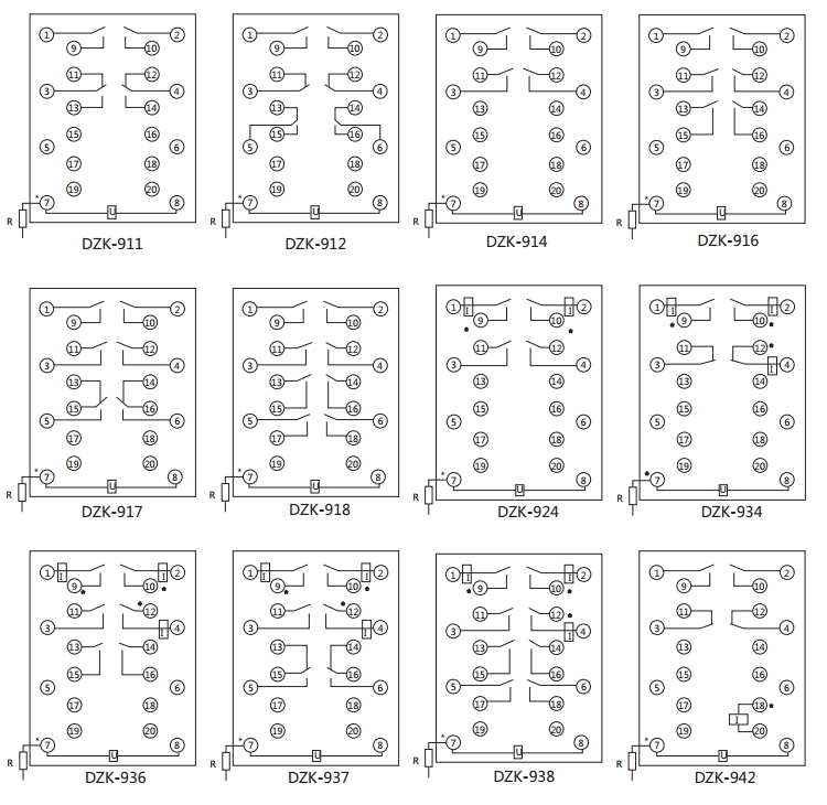 DZK-917快速中間繼電器內(nèi)線接線及外引接線圖(正視圖)